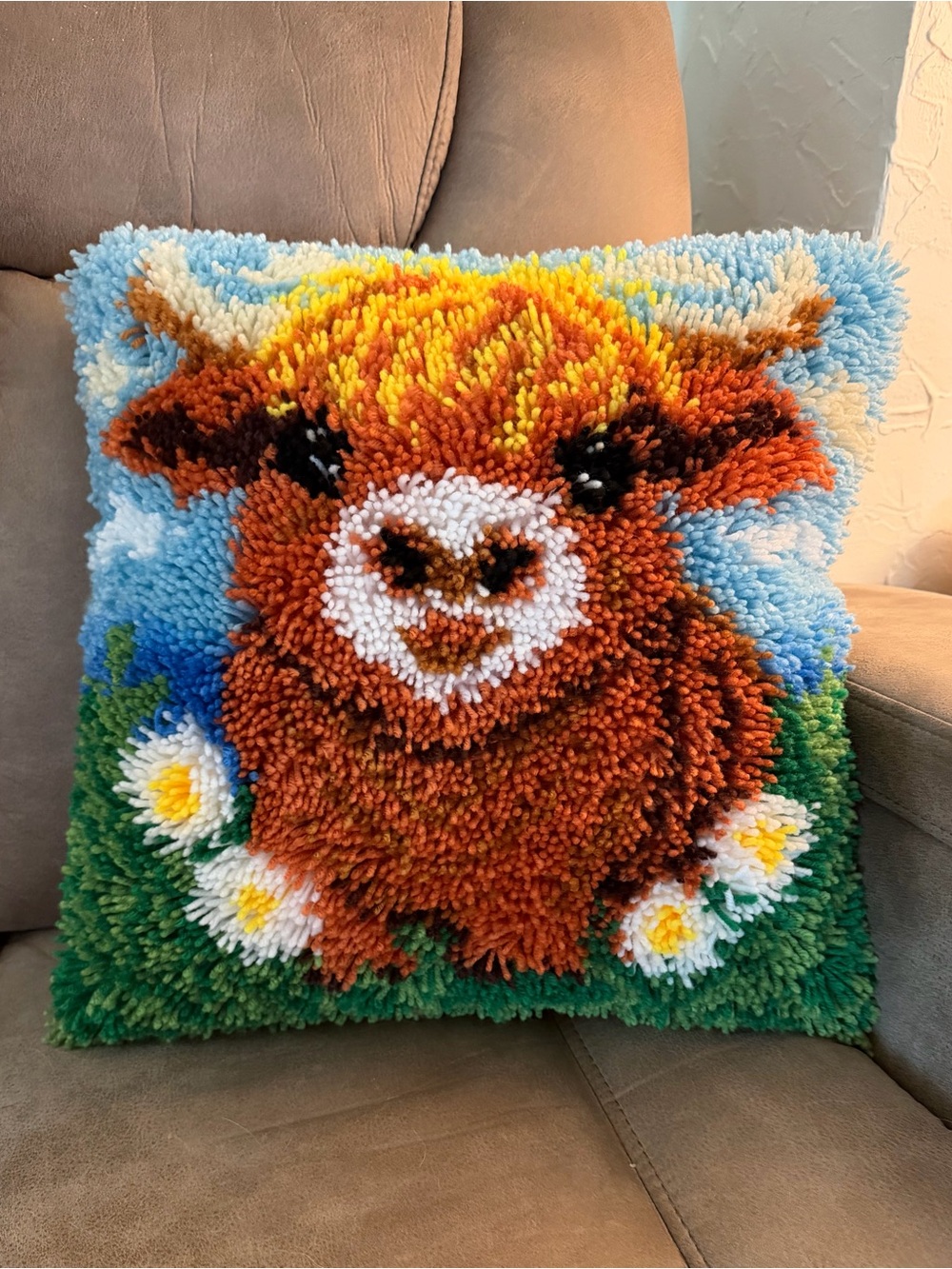 Handmade Latch Hook Highland Cow Pillow - Brown, Blue & Green